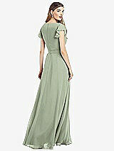 Rear View Thumbnail - Sage Flutter Sleeve Faux Wrap Chiffon Dress