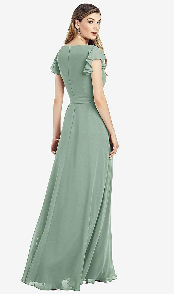 Back View - Seagrass Flutter Sleeve Faux Wrap Chiffon Dress