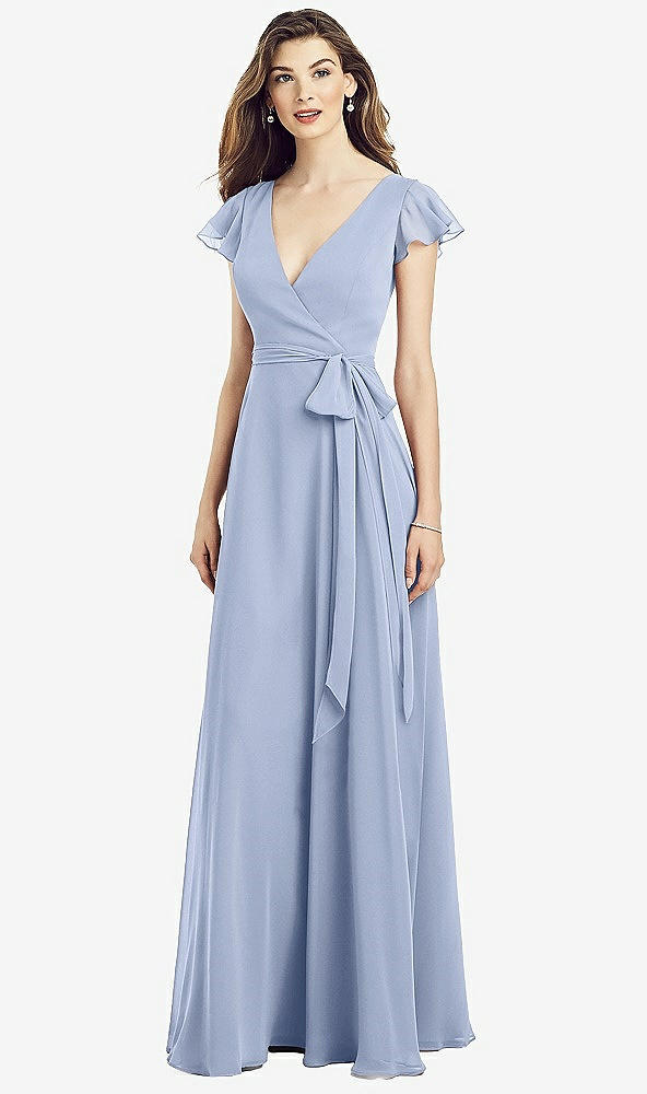 Front View - Sky Blue Flutter Sleeve Faux Wrap Chiffon Dress