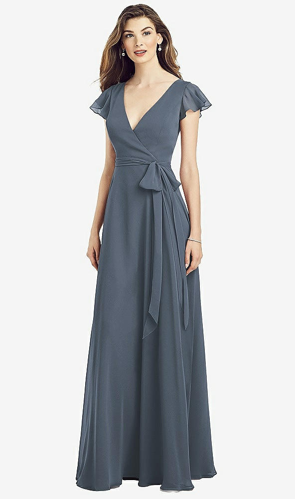 Front View - Silverstone Flutter Sleeve Faux Wrap Chiffon Dress