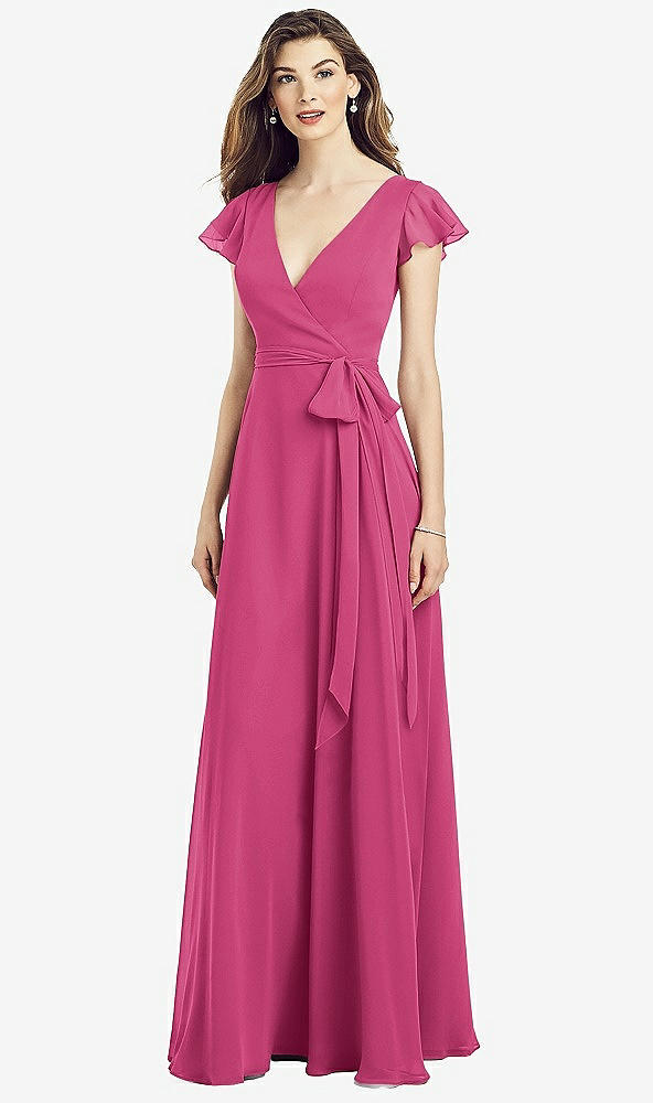 Front View - Tea Rose Flutter Sleeve Faux Wrap Chiffon Dress