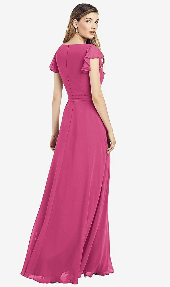 Back View - Tea Rose Flutter Sleeve Faux Wrap Chiffon Dress