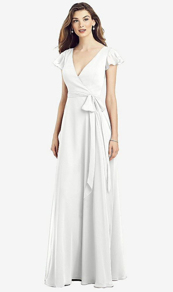 Front View - White Flutter Sleeve Faux Wrap Chiffon Dress