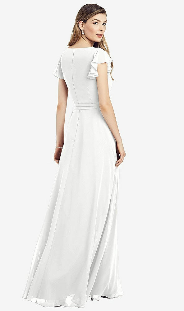 Back View - White Flutter Sleeve Faux Wrap Chiffon Dress