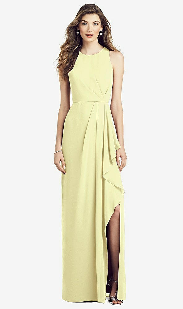 Front View - Butter Yellow Sleeveless Chiffon Dress with Draped Front Slit