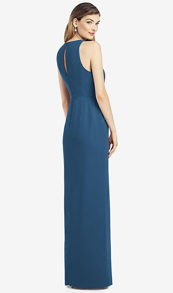 Back View - Dusk Blue Sleeveless Chiffon Dress with Draped Front Slit