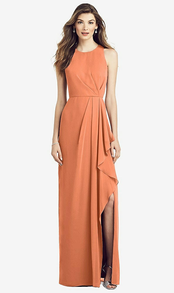 Front View - Sweet Melon Sleeveless Chiffon Dress with Draped Front Slit