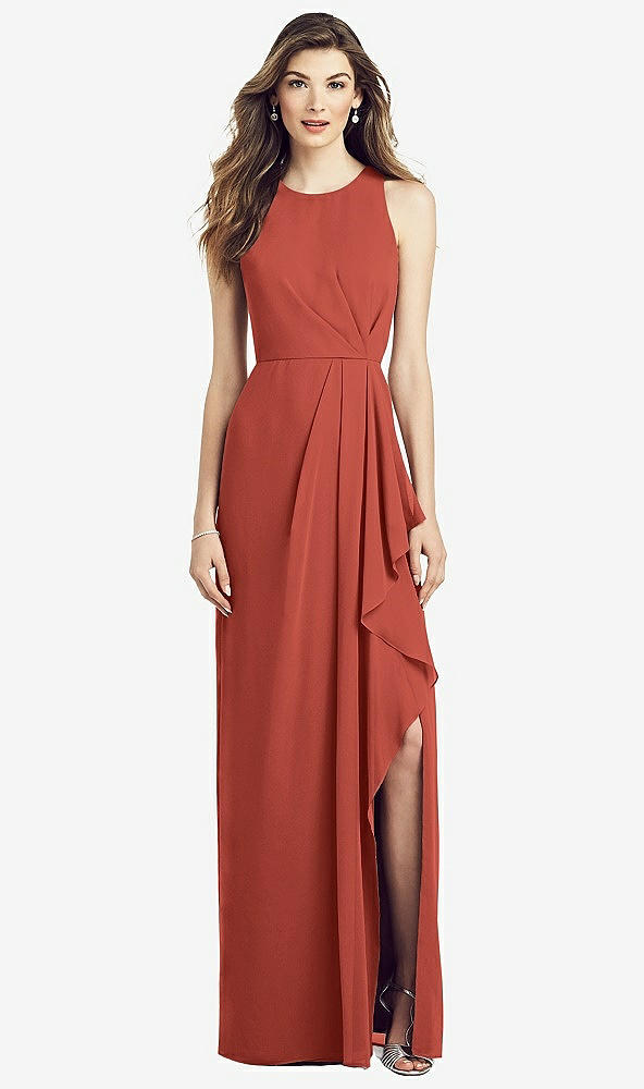 Front View - Amber Sunset Sleeveless Chiffon Dress with Draped Front Slit