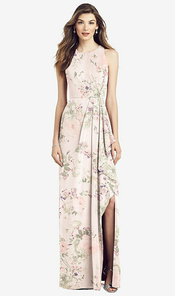 Front View - Blush Garden Sleeveless Chiffon Dress with Draped Front Slit