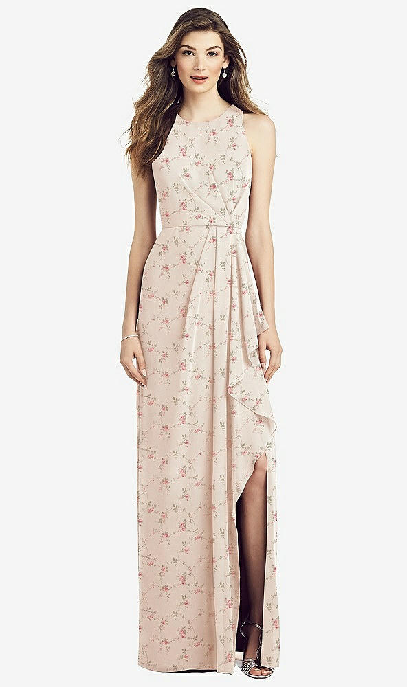 Front View - Coquette Floral Print Sleeveless Chiffon Dress with Draped Front Slit