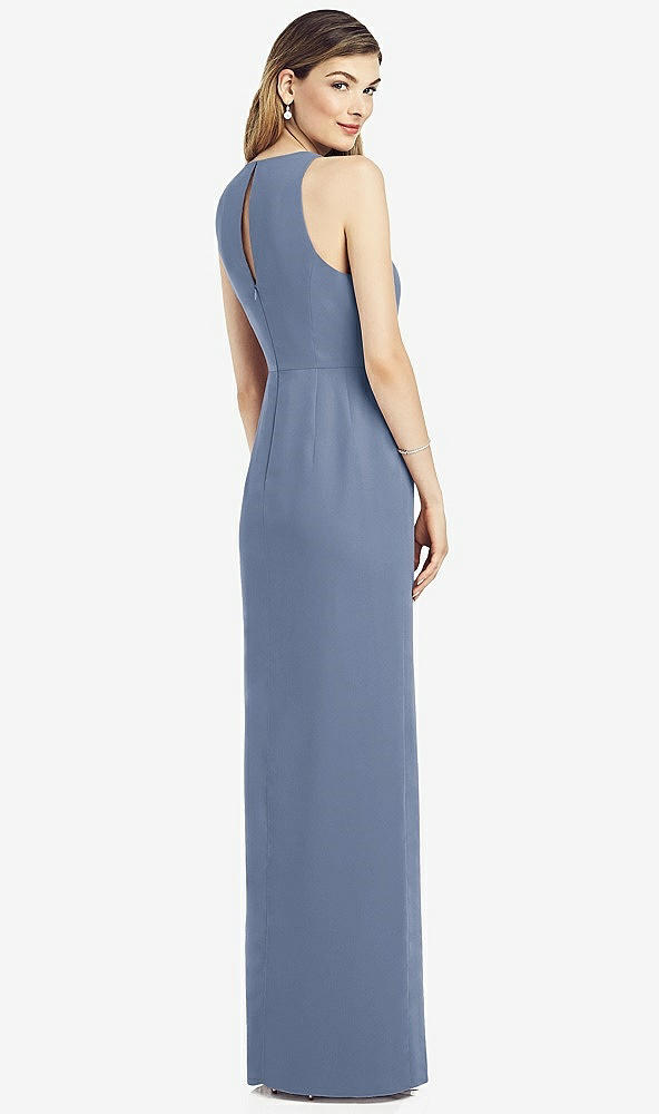 Back View - Larkspur Blue Sleeveless Chiffon Dress with Draped Front Slit