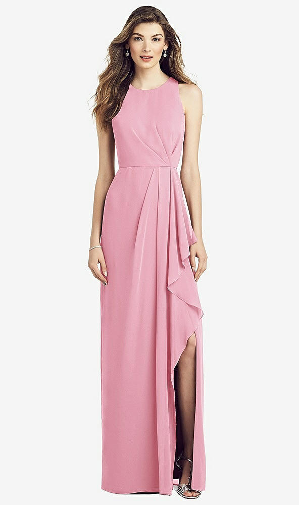 Front View - Peony Pink Sleeveless Chiffon Dress with Draped Front Slit