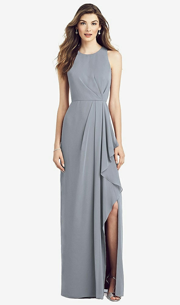 Front View - Platinum Sleeveless Chiffon Dress with Draped Front Slit