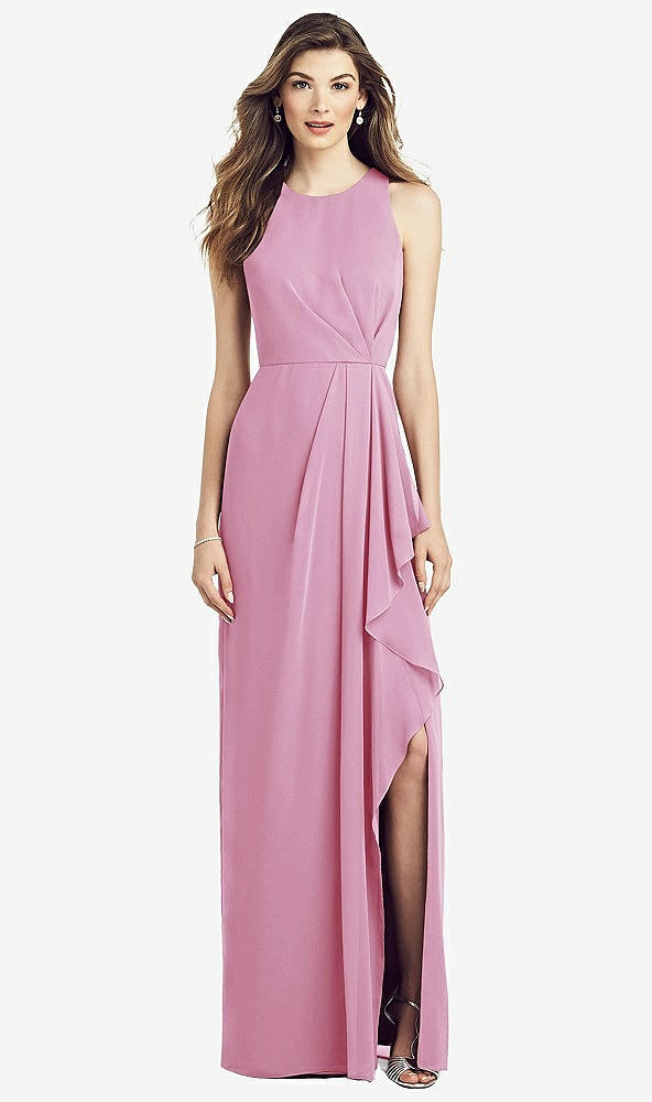 Front View - Powder Pink Sleeveless Chiffon Dress with Draped Front Slit