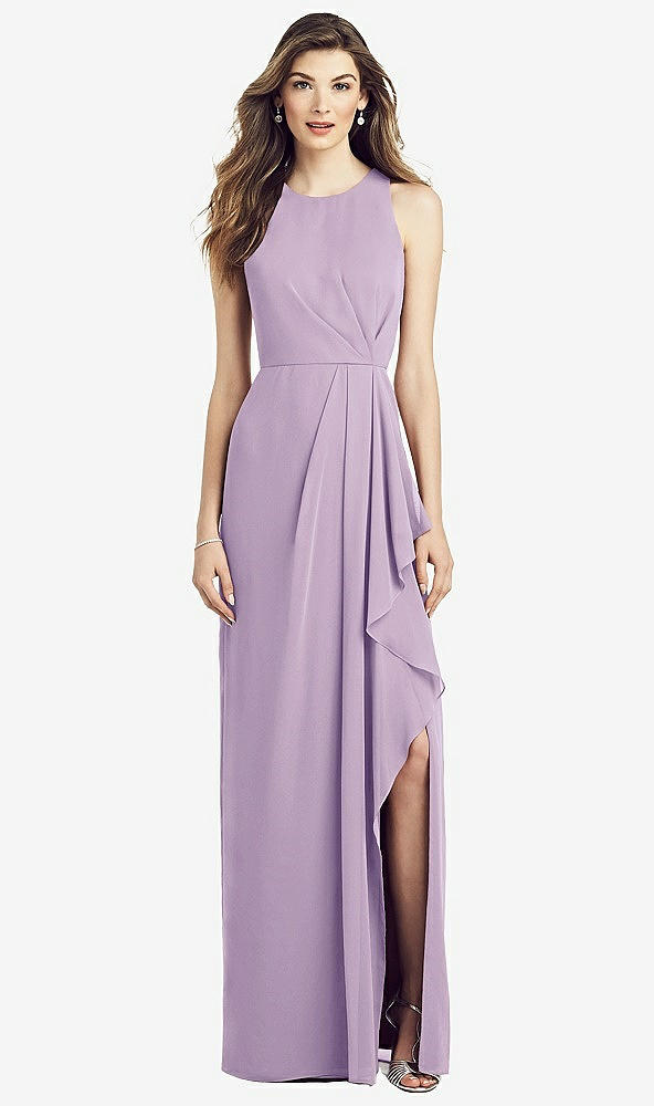 Front View - Pale Purple Sleeveless Chiffon Dress with Draped Front Slit