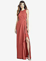 Alt View 1 Thumbnail - Coral Pink Sleeveless Chiffon Dress with Draped Front Slit