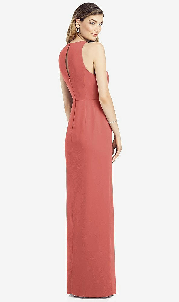 Back View - Coral Pink Sleeveless Chiffon Dress with Draped Front Slit