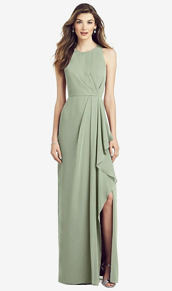 Front View - Sage Sleeveless Chiffon Dress with Draped Front Slit