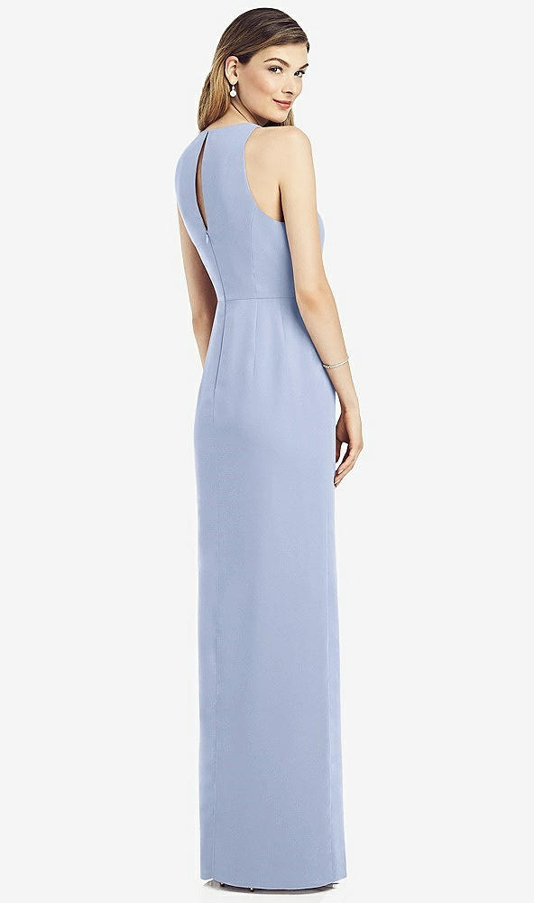 Back View - Sky Blue Sleeveless Chiffon Dress with Draped Front Slit