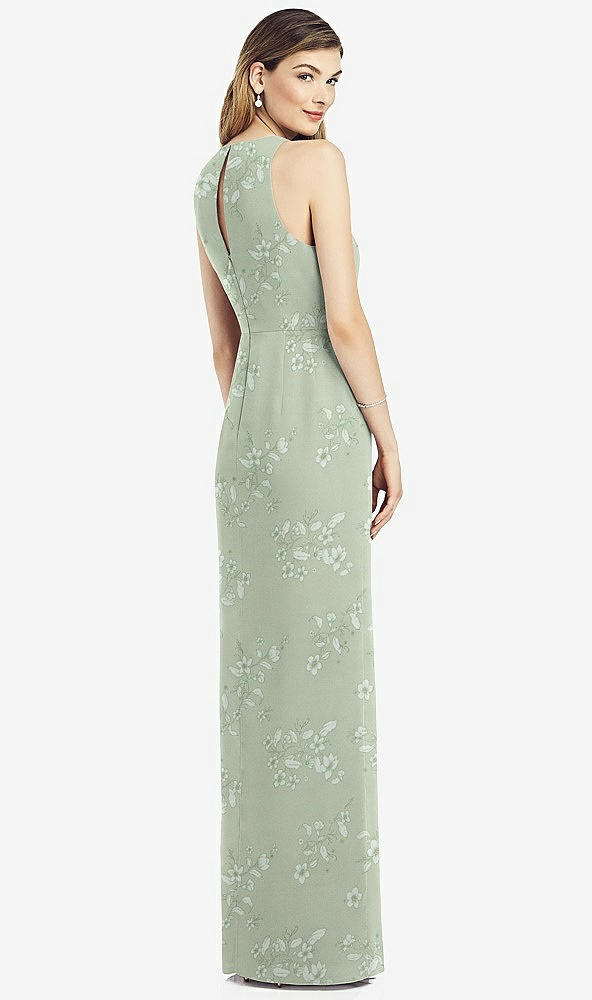 Back View - Vintage Primrose Sage Sleeveless Chiffon Dress with Draped Front Slit