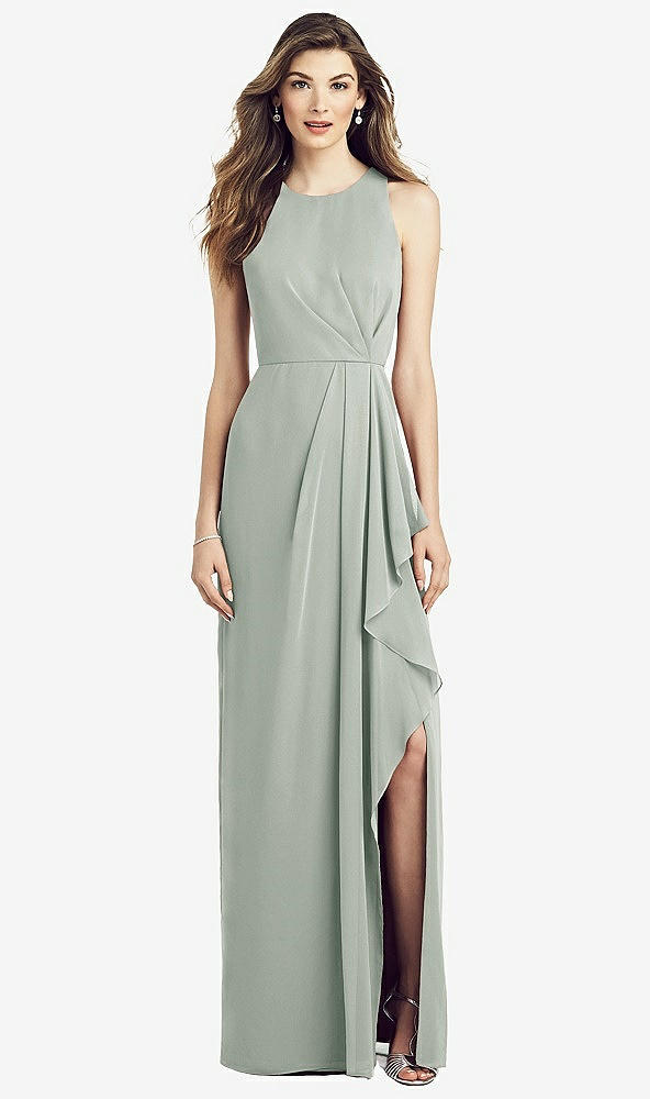 Front View - Willow Green Sleeveless Chiffon Dress with Draped Front Slit