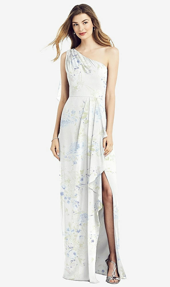 Front View - Bleu Garden One-Shoulder Chiffon Dress with Draped Front Slit