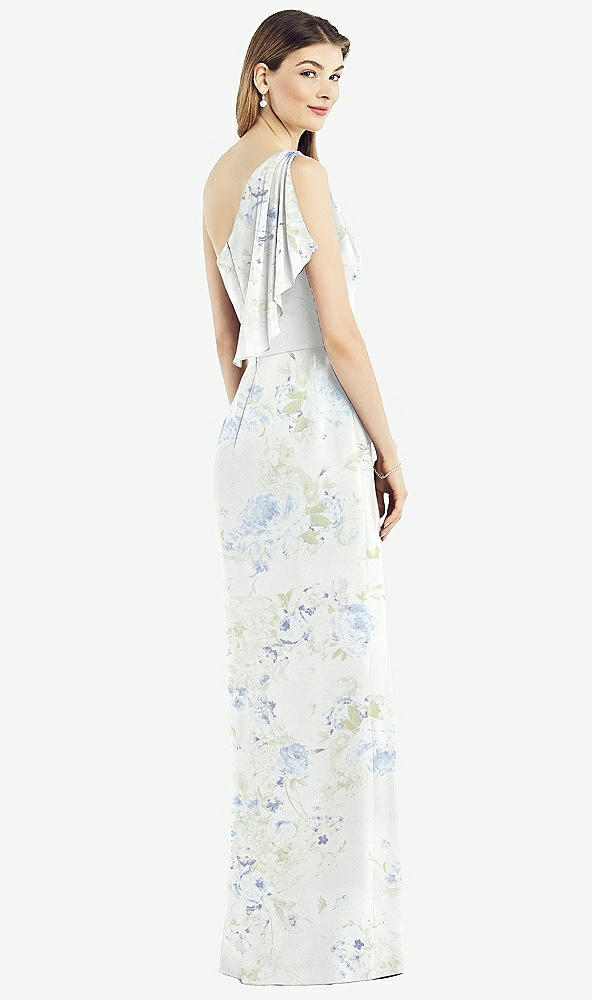 Back View - Bleu Garden One-Shoulder Chiffon Dress with Draped Front Slit