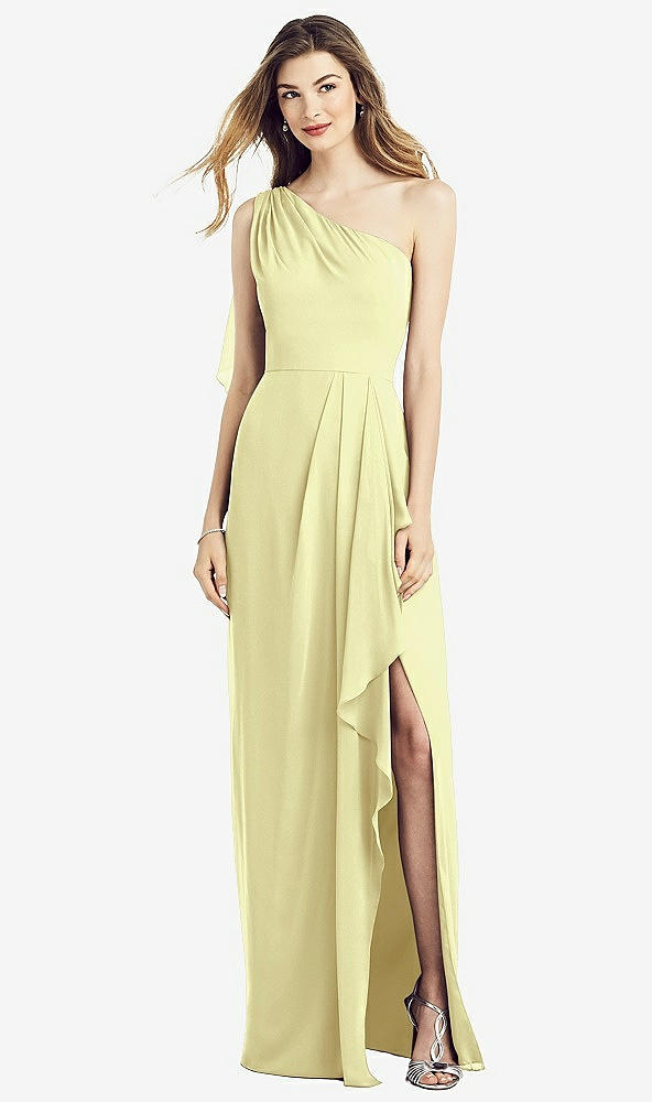 Front View - Butter Yellow One-Shoulder Chiffon Dress with Draped Front Slit