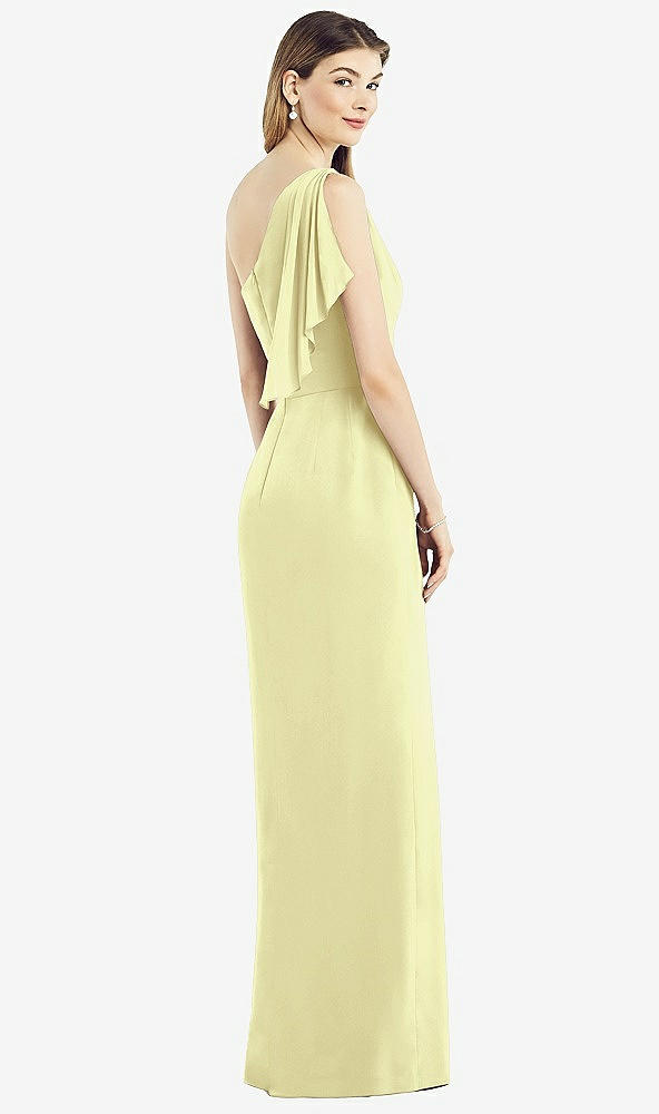 Back View - Butter Yellow One-Shoulder Chiffon Dress with Draped Front Slit