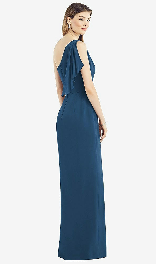 Back View - Dusk Blue One-Shoulder Chiffon Dress with Draped Front Slit