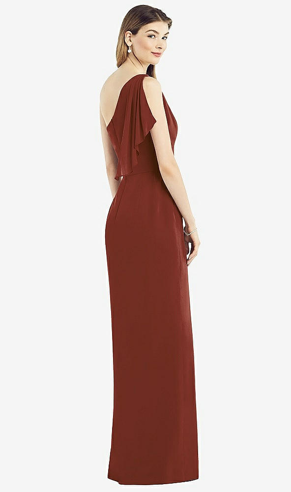 Back View - Auburn Moon One-Shoulder Chiffon Dress with Draped Front Slit