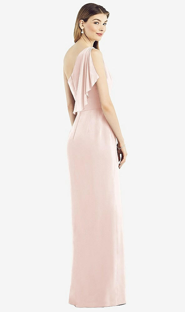 Back View - Blush One-Shoulder Chiffon Dress with Draped Front Slit