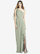 Alt View 1 Thumbnail - Celadon One-Shoulder Chiffon Dress with Draped Front Slit