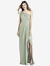 Front View Thumbnail - Celadon One-Shoulder Chiffon Dress with Draped Front Slit