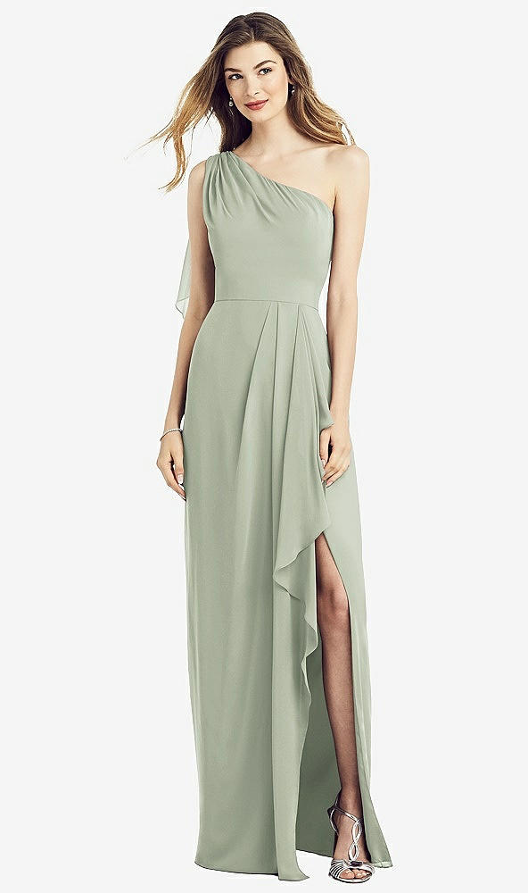 Front View - Celadon One-Shoulder Chiffon Dress with Draped Front Slit