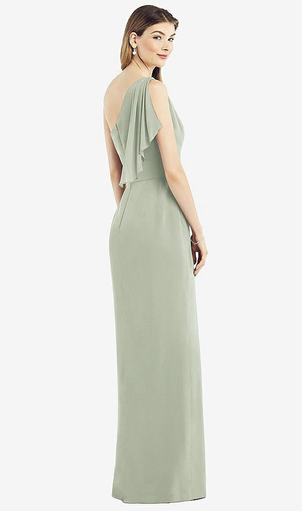 Back View - Celadon One-Shoulder Chiffon Dress with Draped Front Slit