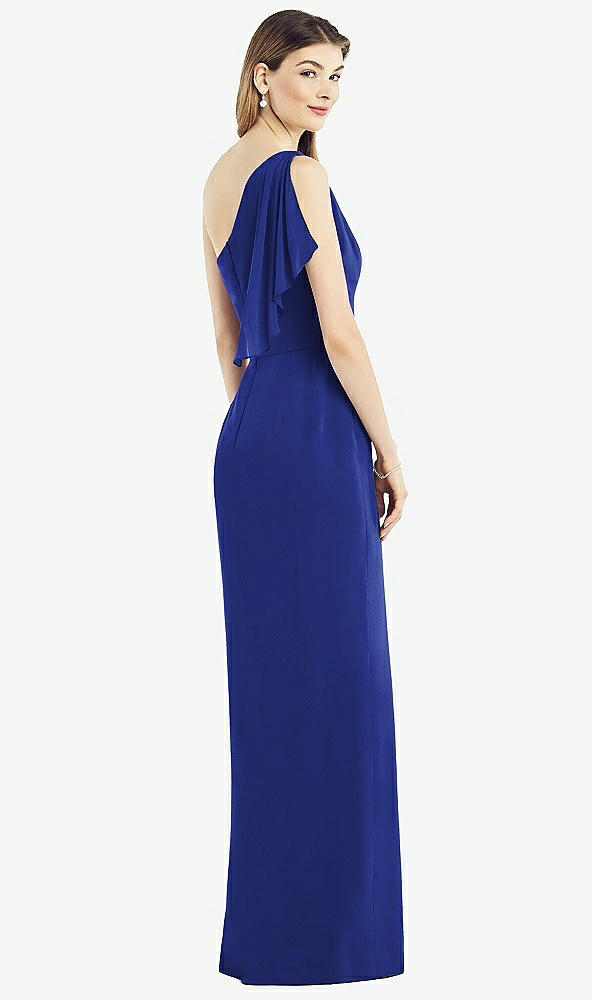 Back View - Cobalt Blue One-Shoulder Chiffon Dress with Draped Front Slit