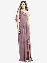 Alt View 1 Thumbnail - Dusty Rose One-Shoulder Chiffon Dress with Draped Front Slit