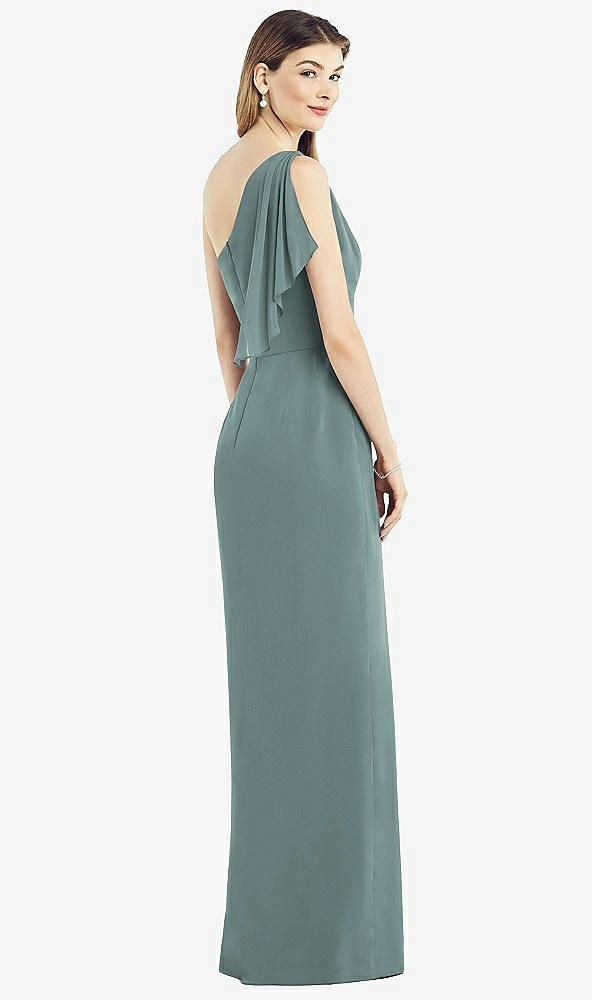 Back View - Icelandic One-Shoulder Chiffon Dress with Draped Front Slit