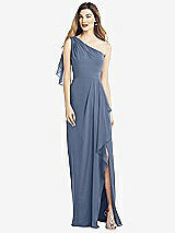 Alt View 1 Thumbnail - Larkspur Blue One-Shoulder Chiffon Dress with Draped Front Slit