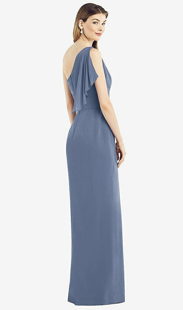 Back View - Larkspur Blue One-Shoulder Chiffon Dress with Draped Front Slit