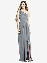 Alt View 1 Thumbnail - Platinum One-Shoulder Chiffon Dress with Draped Front Slit