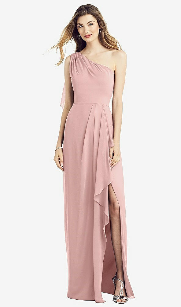 Front View - Rose - PANTONE Rose Quartz One-Shoulder Chiffon Dress with Draped Front Slit