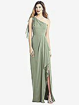 Alt View 1 Thumbnail - Sage One-Shoulder Chiffon Dress with Draped Front Slit