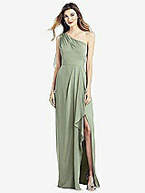 Front View Thumbnail - Sage One-Shoulder Chiffon Dress with Draped Front Slit