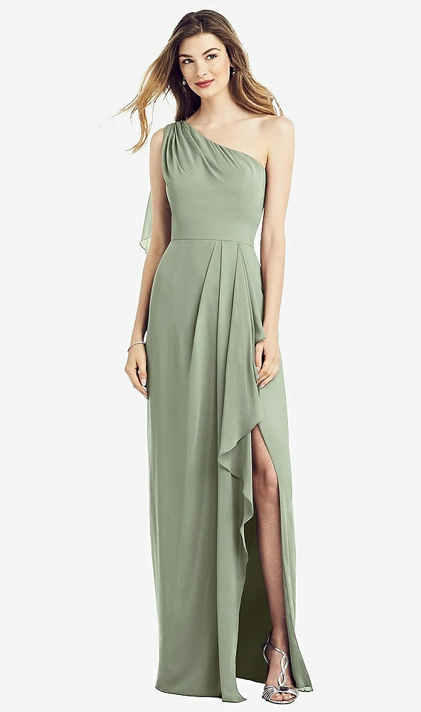 Front View - Sage One-Shoulder Chiffon Dress with Draped Front Slit