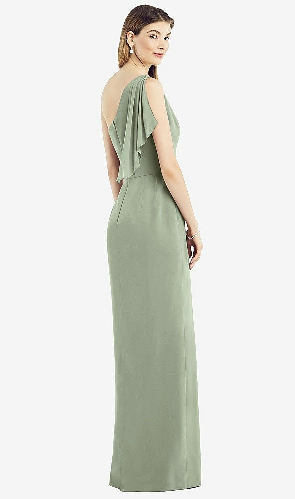 Back View - Sage One-Shoulder Chiffon Dress with Draped Front Slit