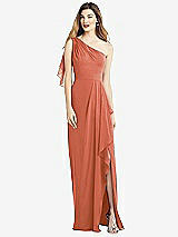 Alt View 1 Thumbnail - Terracotta Copper One-Shoulder Chiffon Dress with Draped Front Slit