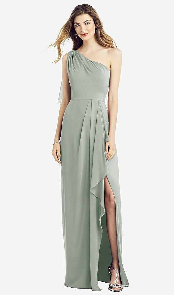 Front View - Willow Green One-Shoulder Chiffon Dress with Draped Front Slit