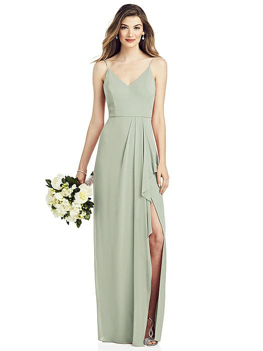 Spaghetti Strap Draped Skirt Gown with Front Slit